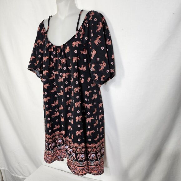 Rue 21 Women Mini Dress Medium Cold Shoulder Elephant Black Pink Spaghetti Strap - Picture 5 of 10